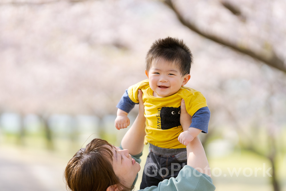 桜の木の下で抱っこする親子