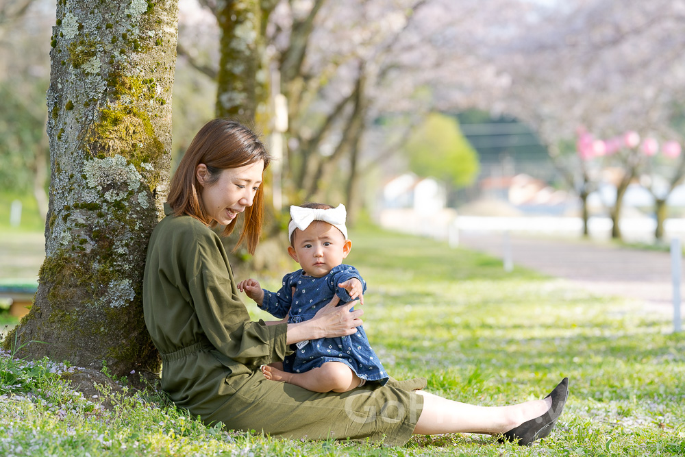桜の木の下で抱っこする親子