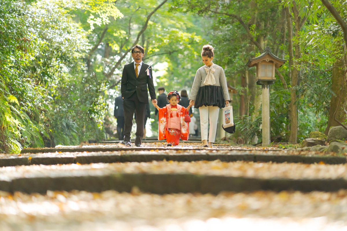 白山比咩神社参道を歩く七五三の着物を着た女の子とパパママ